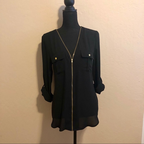 G by Guess Zip Front Dress Shirt with gold accents. Size: M - Picture 3 of 8